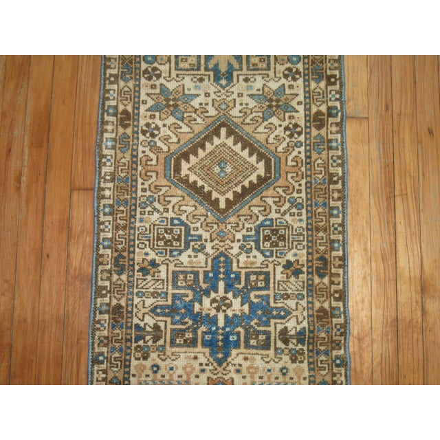 Rustic Late 20th Century Narrow Rustic Persian Heriz Runner Ivory Brown Blue Tones For Sale - Image 3 of 6