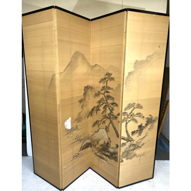Hand-painted on silk Japanese four-panel screen. Decorations of temples, trees, and mountains.