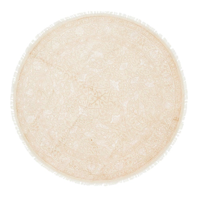 Modern Floral Designed Wool and Silk Round Rug in Beige For Sale