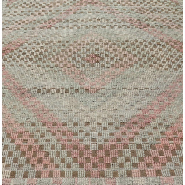 Vintage Turkish Embroidered Flat Weave with Soft Colors in Diamond Design. Hand-Woven Turkish Kilim Rug with Sub-Geometric...