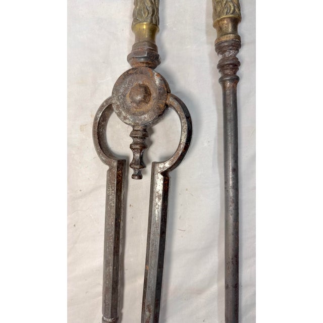 Set of 3 Antique 1800s Brass Steel Figural Dragon Fireplace Tools Poker Tong For Sale - Image 12 of 15