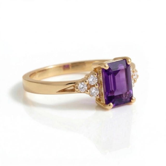 Contemporary Amethyst Emerald Cut Cubic Zirconia Ring, Wedding Engagement Promise Ring for Woman For Sale - Image 3 of 4