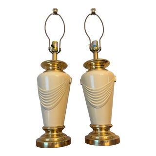 Vintage Hollywood Regency Brass & Cream Ceramic Drape Table Lamps - A Pair For Sale