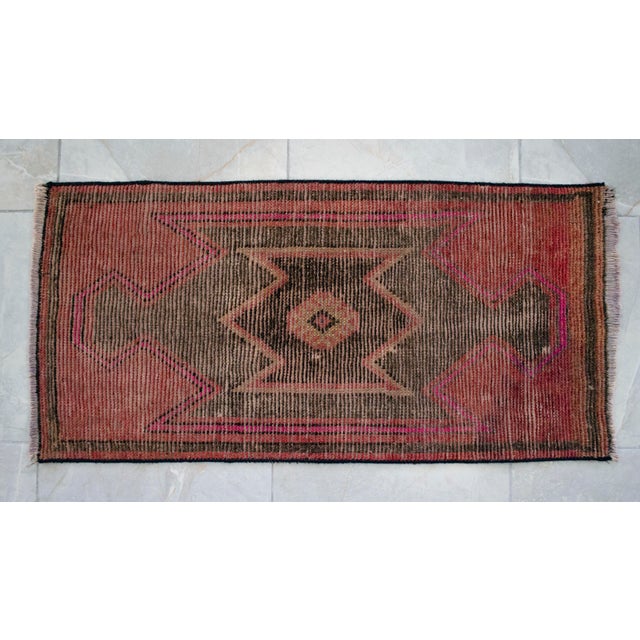 Distressed Low Pile Rug Kurdish Yastik Small Rug Faded Colors Mat Entry Decor - 19'' X 38'' For Sale - Image 14 of 14