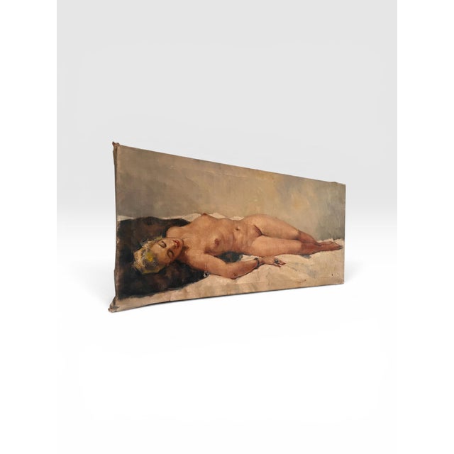French Signed César Vilot French Reclining Nude Oil on Canvas, Mid-20th Century For Sale - Image 3 of 12
