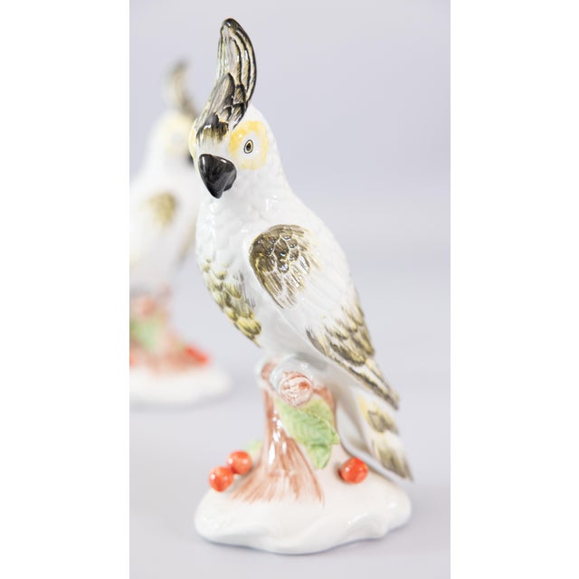 White Vintage Italian Majolica White Cockatoos Parrots Birds - A Pair For Sale - Image 8 of 13