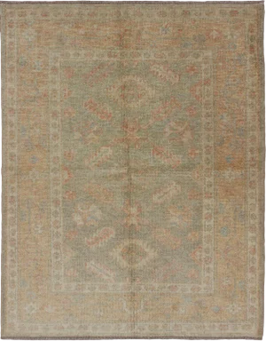 Turkish Oushak Rug in Soft Sage Green, Muted Terracotta, and Faded Blue Accents 4' X 5'3"