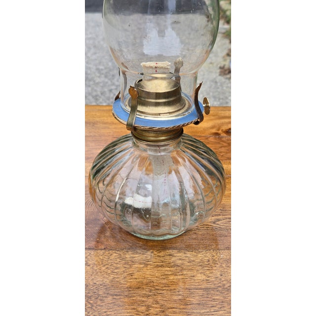 Vintage Limited Edition Clear Ribbed Glass Oil Lamp With Chimney & Brass Gallery For Sale - Image 11 of 11