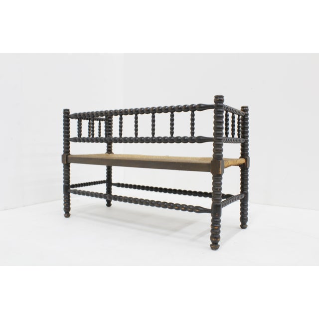 Vintage Bobbin Bench with Rush Seat, 1920s For Sale - Image 3 of 8