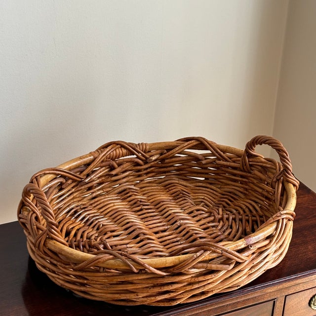 Tan Vintage Oval Wicker Basket Tray W/ Vine Motif For Sale - Image 8 of 12