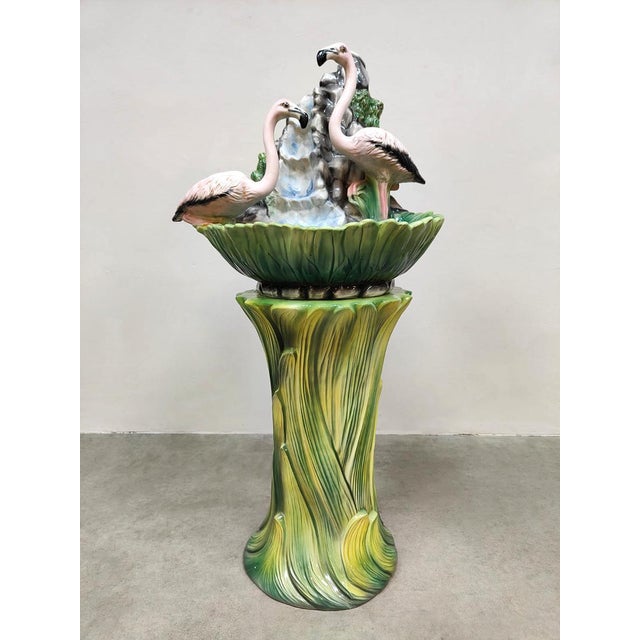 1960s Vintage Art Nouveau Italian Ceramic Flamingo Fountain Stand in Majolica, 1960s For Sale - Image 5 of 5