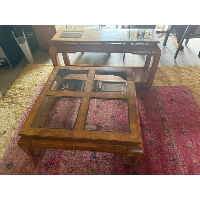 Stunning chinoiserie chow leg Ming style square coffee table with four beveled smoke glass inserts and burl wood inlays!...