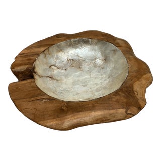 Rustic Wood Carved Shell Inlay Decor Bowl For Sale