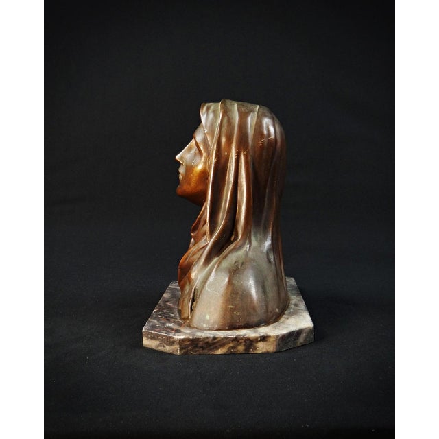 Metal Art Deco Bust of the Tearful Virgin Mary in Spelter on Marble by Oscar Ruffon, 1920s-1940s For Sale - Image 7 of 13