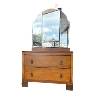 English Art Deco Tiger Oak Dressing Table W/ Trifold Mirror For Sale