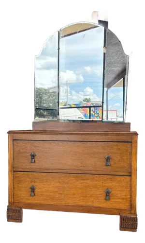 English Art Deco Tiger Oak Dressing Table W/ Trifold Mirror