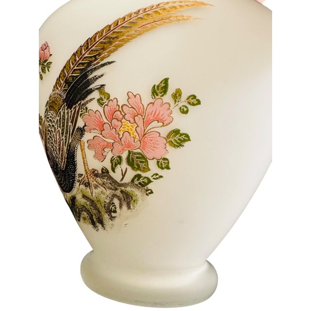 1960s Vintage Toyo Japan 9" Opal Glass Vase - Hand-Painted Pheasant & Peony, Satin White Translucent Glass, Mid-Century Asian Decor, Gold Trim For Sale - Image 5 of 13
