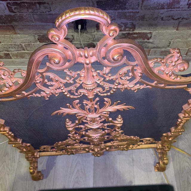 Bronze Antique French Louis XVI Heavy Ormolu Spark Guard, Featuring an Ornate Gilt Frame With Classical Motifs and Blackened Mesh. . For Sale - Image 8 of 8
