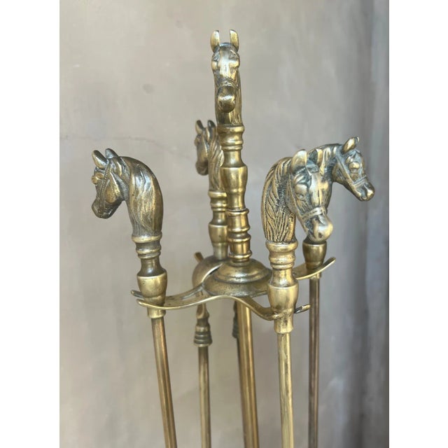 French Brass Horse Head Fireplace Tool Set For Sale - Image 10 of 12