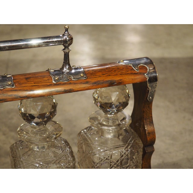 19th Century 3-Bottle English Oak and Silver Plated Locking Decanter Set For Sale - Image 17 of 18