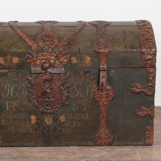Large Swedish Oak Trunk With Original Green Painted Finish, Dated 1785 For Sale - Image 16 of 18