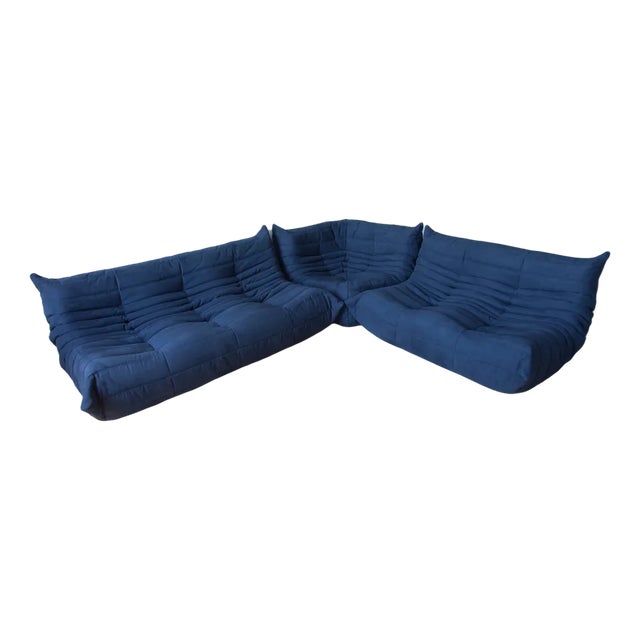 Blue Microfiber Togo Corner Chair, 2- and 3-Seat Sofa by Michel Ducaroy for Ligne Roset, Set of 3 For Sale