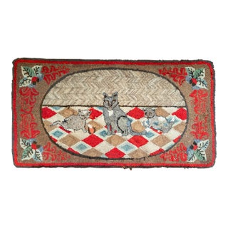 19th or 20th Century American Folk Art Hooked Rug With Cat and Two Kittens For Sale