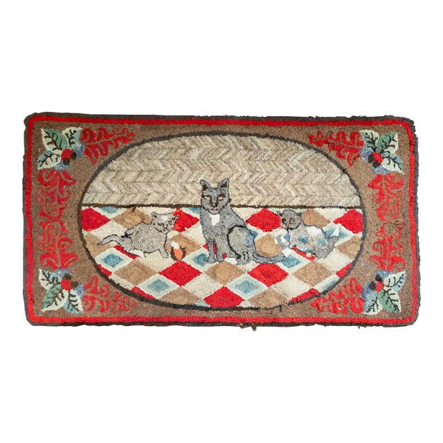 19th or 20th Century American Folk Art Hooked Rug With Cat and Two Kittens For Sale