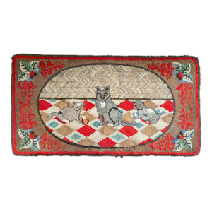 19th or 20th Century American Folk Art Hooked Rug With Cat and Two Kittens