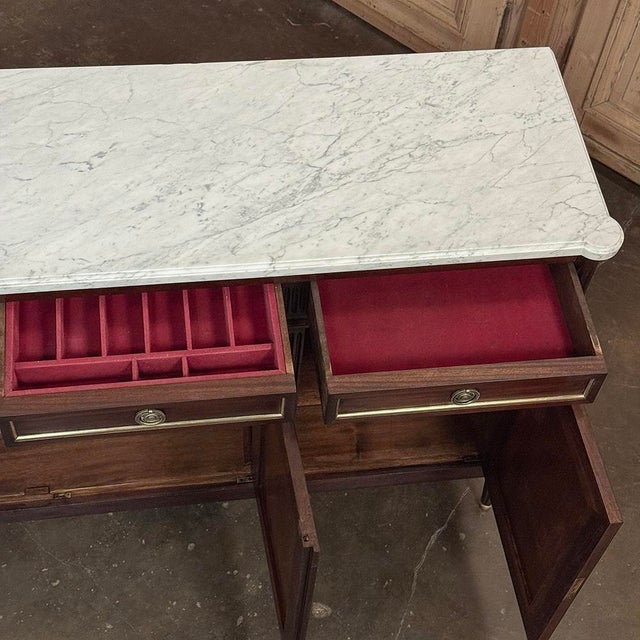 French Louis XVI Carrara Marble Top Mahogany Buffet in the Maison Jansen Style, Mid-Century For Sale - Image 16 of 18