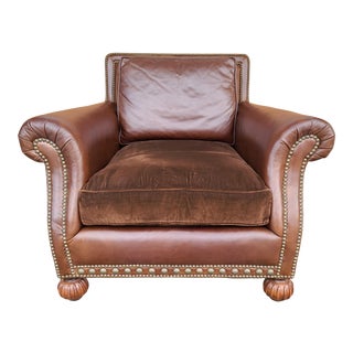 Ralph Lauren Mid Century Modern Leather Lounge Club Chair With French Nail Head Trim For Sale