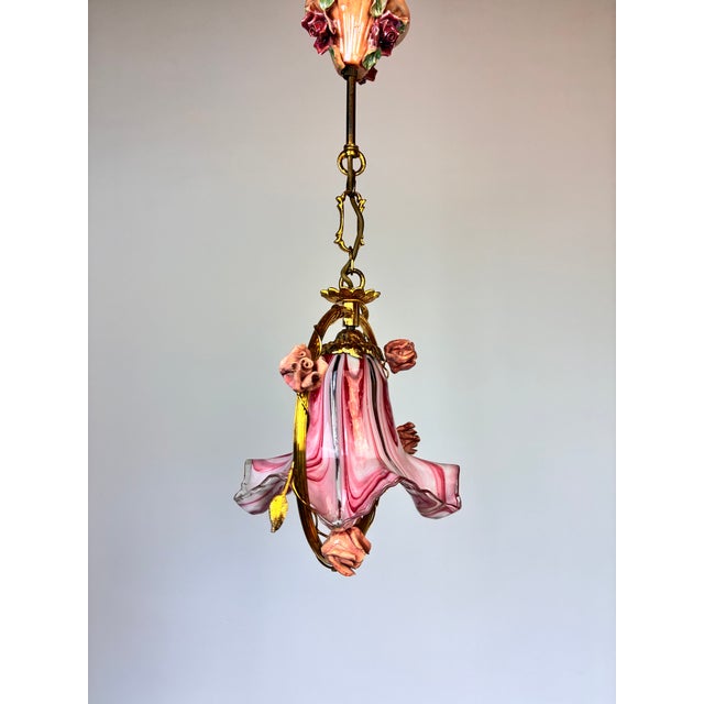 ⁠1970s Vintage Italian Pink Murano Ruffled Glass and Ceramic Rose Chandelier⁠ For Sale - Image 11 of 17