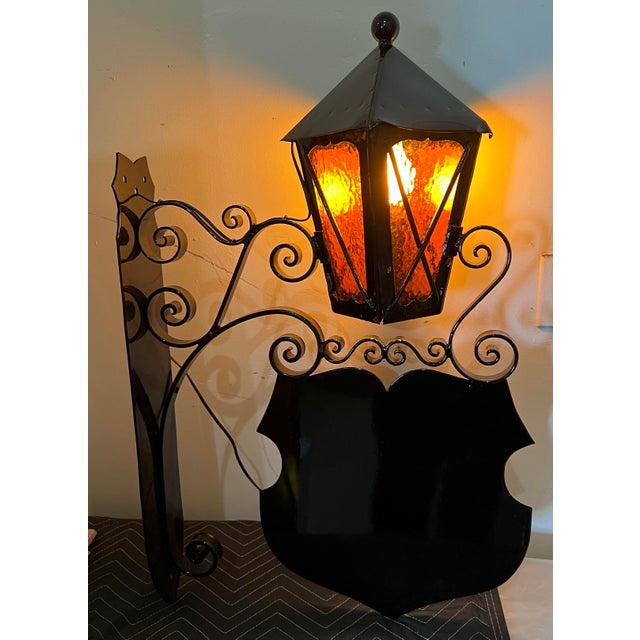 Black Heavy Antique Oudoor Wall Mounted Light Fixture With Glass Panels and Sign For Sale - Image 8 of 8