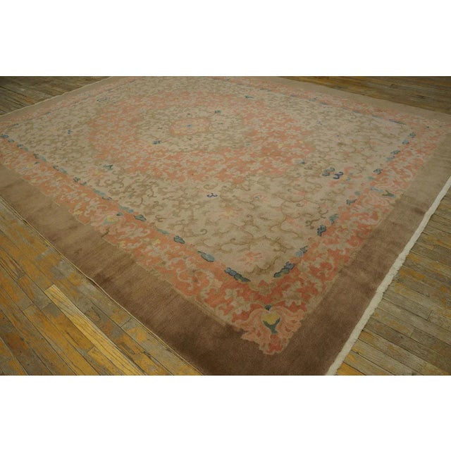 Art Deco 1920s Tan Sand Floral Ming Antique Chinese Art Deco Rug 9' 0''x11' 9'' Handwoven Wool Carpet For Sale - Image 3 of 12