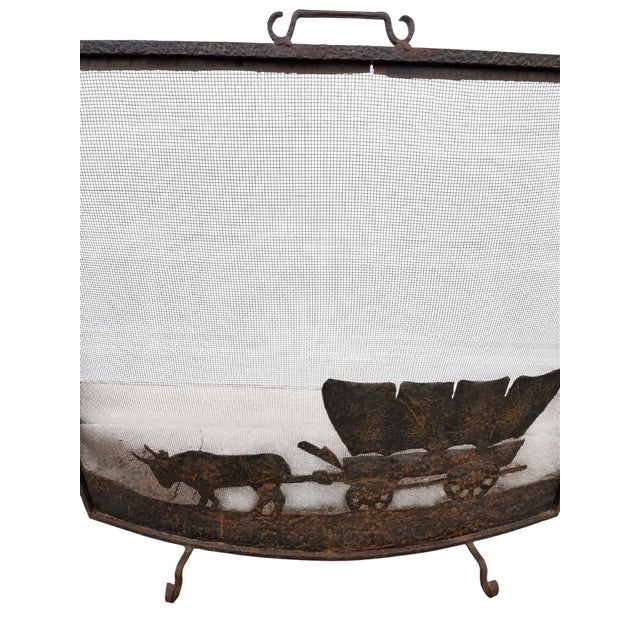 Metal Antique Rustic Wrought Iron Fireplace Screen Silhouette Covered Wagon Ox Western For Sale - Image 7 of 18