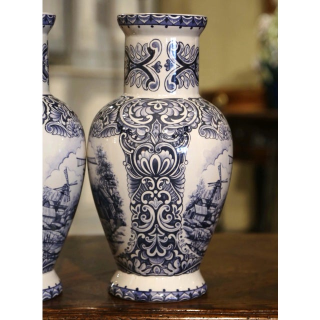 Pair of Early 20th Century Dutch Blue and White Hand Painted Faience Delft Vases For Sale - Image 9 of 12