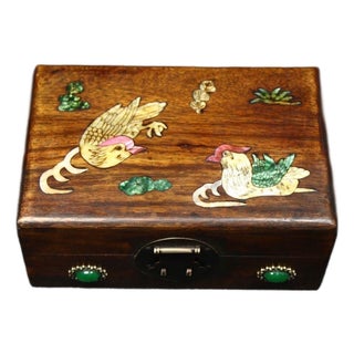 Chinese Huali Wood Mother-of-Pearl Inlaid Jewelry Box, Mandarin Duck Motif With Gemstone Accents For Sale