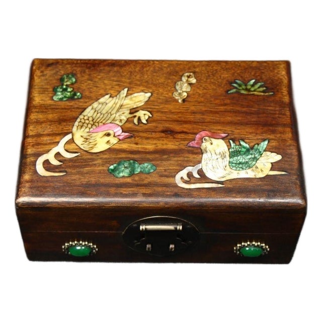 Chinese Huali Wood Mother-of-Pearl Inlaid Jewelry Box, Mandarin Duck Motif With Gemstone Accents For Sale