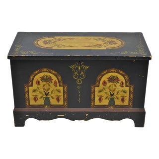 Antique Pennsylvania Dutch Colonial Blue Hand Painted Blanket Chest Trunk For Sale