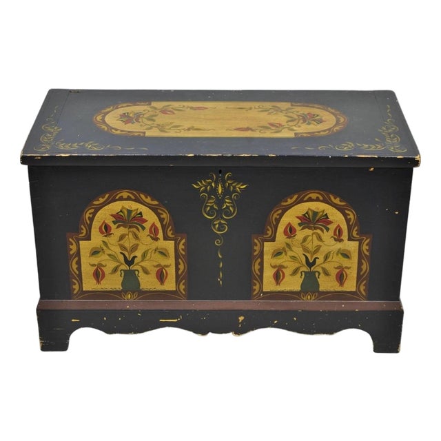 Antique Pennsylvania Dutch Colonial Blue Hand Painted Blanket Chest Trunk For Sale