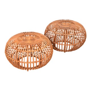 Franco Albini Mid-Century Organic Modern Italian Rattan Pouf Ottomans, Pair For Sale
