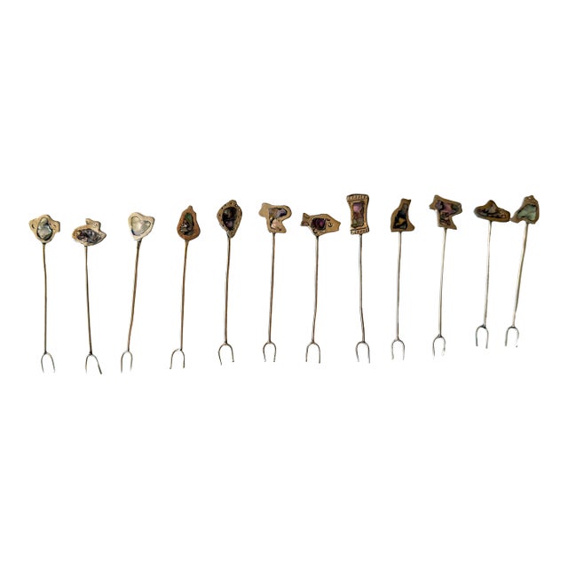 Vintage Handmade Mexican Silver & Abalone Hors D’Oeuvre Picks – Set of 12 For Sale