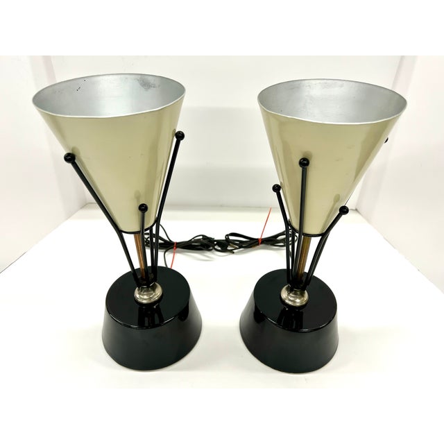 Metal 1950s Pair of Vintage Mid-Century Modern Atomic Torchiere Table Lamps – Black & Brass – Cream Cone Shades For Sale - Image 7 of 11