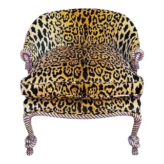 Mid-Century French Regency Style Leopard Velvet Carved Italian Rope Chairs For Sale