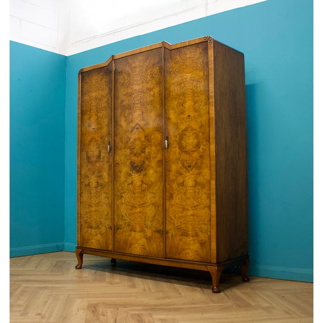 Vintage Art Deco Burr Walnut Triple Door Wardrobe, 1930s For Sale - Image 3 of 15