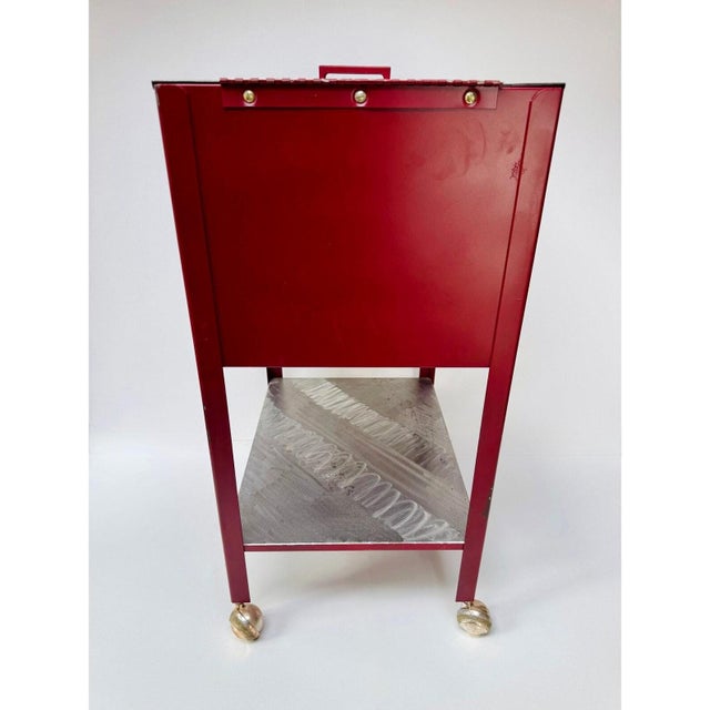 Metal Vintage Red Steel Shop Cart With Hand-Ground Metal Surfaces For Sale - Image 7 of 16
