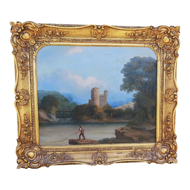 Antique 19th C. European Oil Painting Landscape Ruins Bridge and FIgures For Sale
