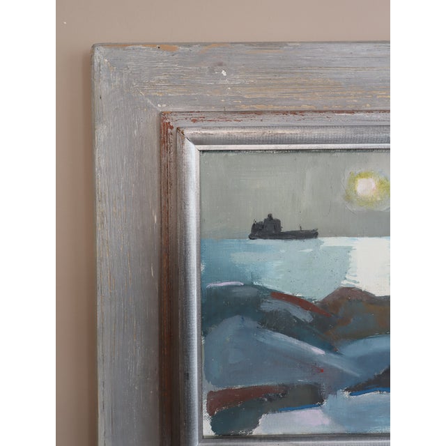 Paint Mid-Century Modern 'Moonlit Sea' Vintage Original Abstract Coastal Landscape Oil Painting, Framed For Sale - Image 7 of 14