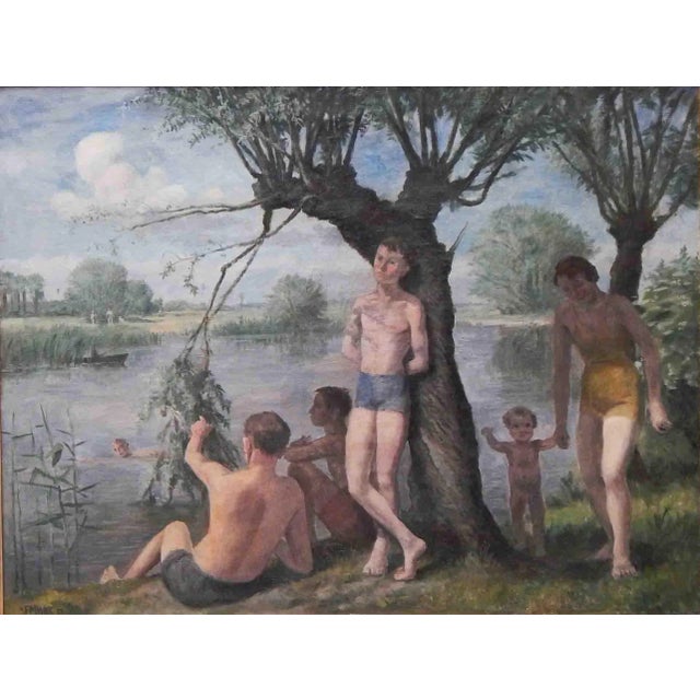 1938 "Bathing by the River" Figurative Oil Painting by Felix Meseck For Sale