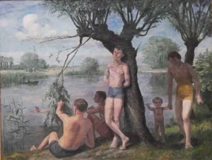 1938 "Bathing by the River" Figurative Oil Painting by Felix Meseck